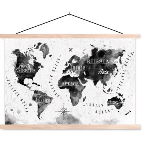 Posterhanger incl. Poster - Schoolplaat - Wereldkaart - Waterverf - Zwart - Wit - 150x100 cm - Blanke latten