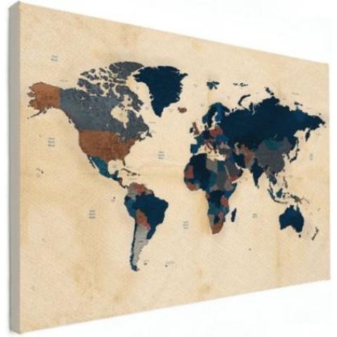 Wereldkaart Landen Donkere Tinten - Canvas 90x60