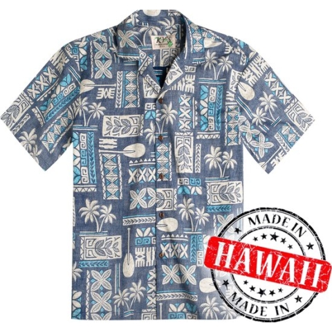 Hawaii Blouse - Shirt - Hemd "Tapa Blauw" - 100% Katoen - Aloha Shirt - Heren - Made in Hawaii Maat XL