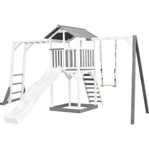 AXI Beach Tower Speeltoestel in Grijs/Wit - Speeltoren met Klimrek, Enkele Schommel, Witte Glijbaan en Zandbak - FSC hout - Speelhuis op palen voor de tuin