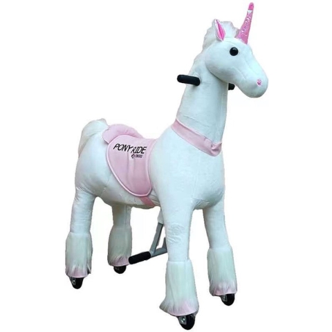 PonyRide Rijdend Speelgoed Paard - Hobbelpaard - Eenhoorn - Unicorn - 74x29x79 cm - 3-6 Jaar - Inclusief Inline Skate Wieltjes en leder zitje - Roze
