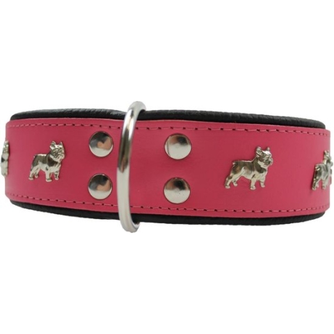 Dog's Companion - Leren halsband Franse Bulldog - Lengte: 55cm (45-53cmx40 mm), Kleur: Roze / Zwart