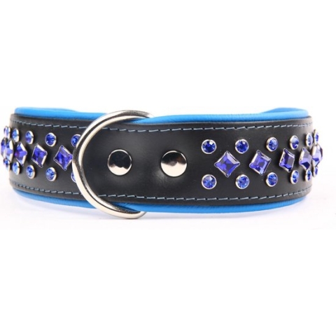 Dog's Companion - Leren halsband met kristallen - Lengte: 55cm (45-53cmx40 mm), Kleur: Zwart/Blauw