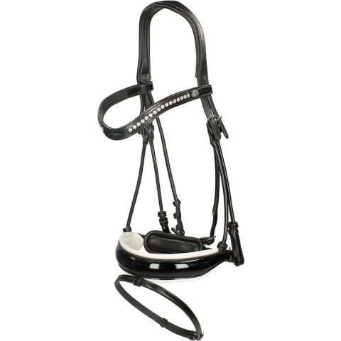 Dyon Dressuur Rondgenaaid Hoofdstel Brede Lak Neusriem - maat Cob - black/white