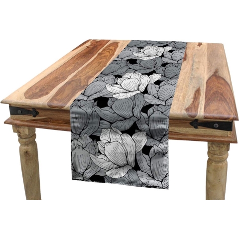Zwart en grijs Tafelloper, Lotus, Eetkamer Keuken Rechthoekige Loper, 40 x 180 cm, Zwart Grijs Wit