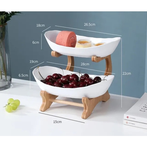 Luxe Presenteer Schalen Op Standaard - 2 Laags - Fruitschalen - Tapas - Snacks - Servies - Keuken - Fruitkom - Snoepbakjes - Houten Standaard - Feestdagen - Wit