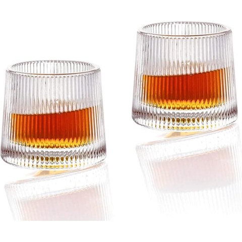 Whiskyglazen Draaibare Decompressie - Old Fashion Whiskyglazen Set van 2 - Bar Whiskyglazen - Stijlglaswerk voor Bourbon - Glazen voor Scotch - Rumglazen (verticale textuur, 255ml)