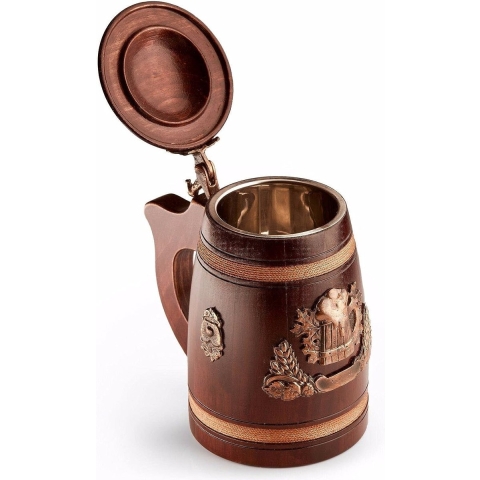 Houten bierpul met deksel, handgemaakt van echt eikenhout met een inhoud van 0,5 liter. Prachtige middeleeuwse houten bierpul cadeau voor hem en alle bierliefhebbers