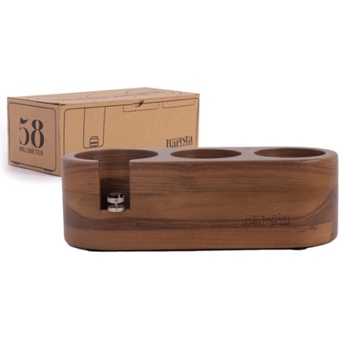 Tamper-station in walnoothout, praktische houder voor 58 mm zeefhouder, tamper en koffieverdeler, 3-in-1 tamping-station, koffiestation in walnootdistributeur, drukstation
