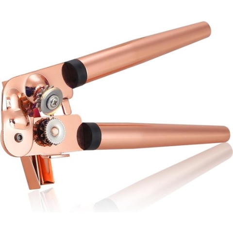 Handmatige dekselopener, Premium roestvrijstalen blikopener, Geen scherpe randen, Handmatige blikopener met handvat en grote knop, Blikopener flesopener met gehard snijwiel, Goud.