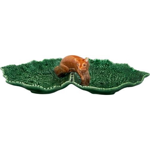 Bordallo Pinheiro Folhas Serveerschaaltje - Dubbelblad - Vos - Groen/Bruin - Aardewerk - 34 cm