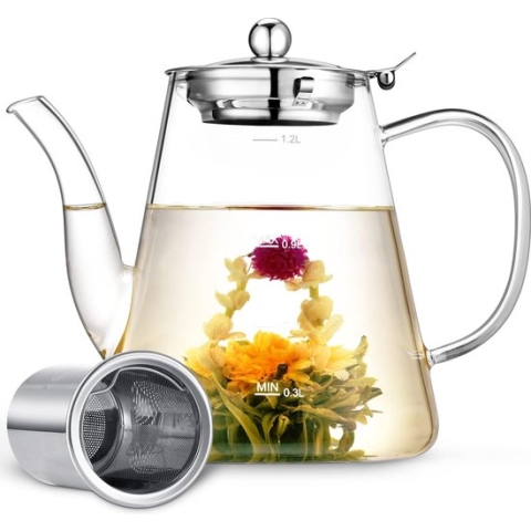 Theepot van glas, 1200 ml, met zeefopzetstuk, hittebestendig, uitneembare roestvrijstalen zeef, theezeef, borosilicaatglas, theemaker met deksel voor theebloemen, losse thee en theezakjes