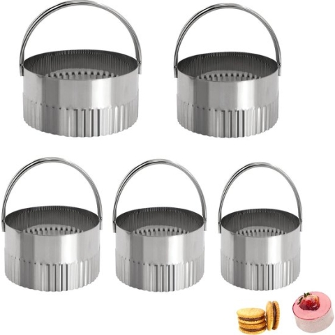 Dessertringen, bakringen, roestvrij staal, taartringenset, serveerringen, draagbare getande bakvorm voor het maken van taarten, mousse, noedels en taartbodems, roestvrij staal, 5 stuks, diameter 4-8 cm
