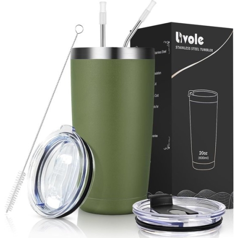 Thermobeker 20oz 550ml voor mannen en vrouwen, autobeker, koffiebeker to go, roestvrijstalen beker met rietje en deksel, dubbelwandig vacuüm drinkbeker, campingbeker voor koffie, legergroen