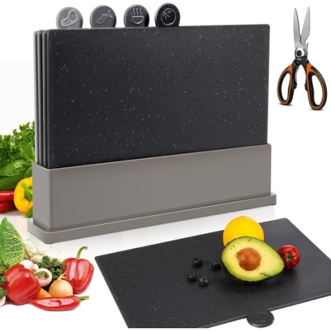 snijplankenset, 4 kleurgecodeerde snijplanken inclusief opbergdoos, kunststof snijplanken voor fruit, warm vlees, vis, stuur 1 schaar