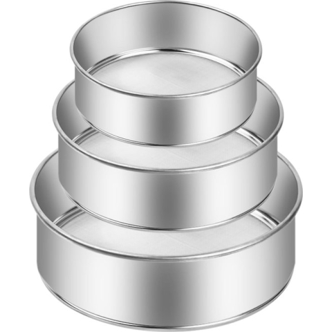 3 stuks 15/20/25 cm meelzeef roestvrij staal, 60 mesh meelzeef, fijne ronde meelzeef, poedersuikerzeef, mesh bakzeef, keukenzeef stapelbaar voor meel, rijst, bonen, granen, groenten en fruit
