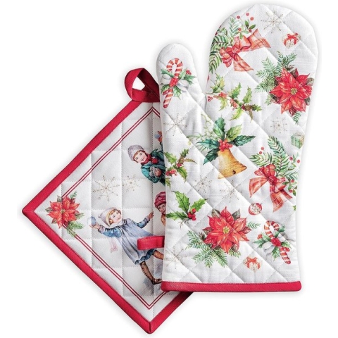 Ovenhandschoen + pannenlap van 100% katoen, ovenhandschoen (19 cm x 33 cm) & pannenlappen (20 cm x 20 cm) voor moederdaggeschenken, koken, magnetron, chroom, oogstfeest/Kerstmis