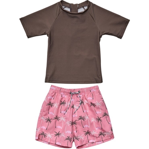 Snapper Rock - UV Zwemset voor baby's - Korte mouw - Palm Paradise - Bruin/Roze - maat 12-18 (76-83cm)
