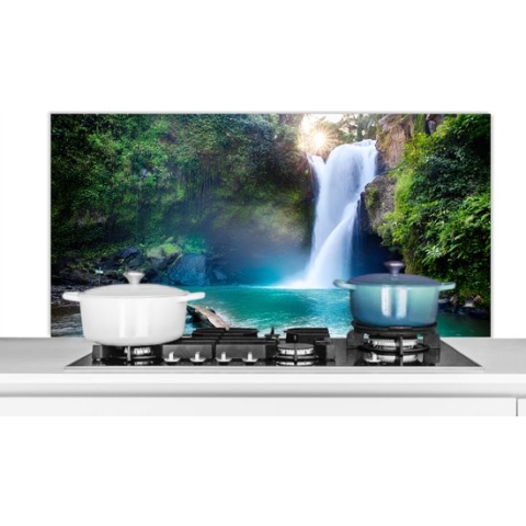Spatscherm Keuken - Kookplaat Achterwand - Spatwand Fornuis - 120x60 cm - Waterval - Stenen - Landschap - Planten - Water - Aluminium - Wanddecoratie - Muurbeschermer - Hittebestendig