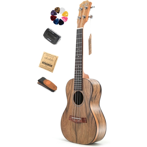 WK Okkernoot Hout Concert Ukelele 23 inch -Inclusief accessoires- Tijgerpatroon-Professionele studie-met tas