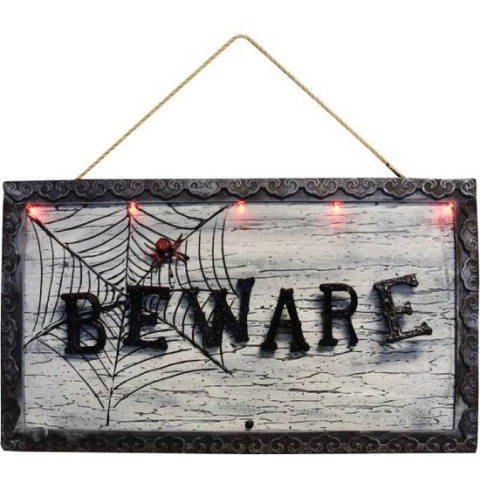 Halloween - Hanging Animated Beware Sign - met licht en geluid - bekijk de video