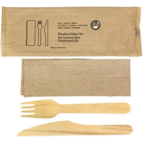 Pomebio houten bestekset 3 in 1 (mes|vork|servet) in bestekzakje - 250x