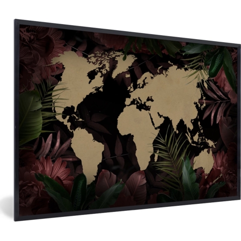 Fotolijst incl. Poster - Wereldkaart - Tropische planten - Bruin - 120x80 cm - Posterlijst