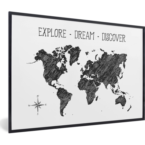 Fotolijst incl. Poster - Wereldkaart - Quote - Windroos - 120x80 cm - Posterlijst