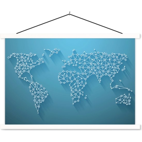 Schoolplaat - Wereldkaart - Lijnen - Blauw - 150x100 cm - Textielposter Witte latten - Textiel poster