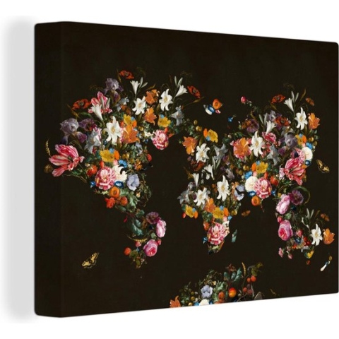 Wanddecoratie Wereldkaart - Bloemen - Insecten - Canvas - 160x120 cm