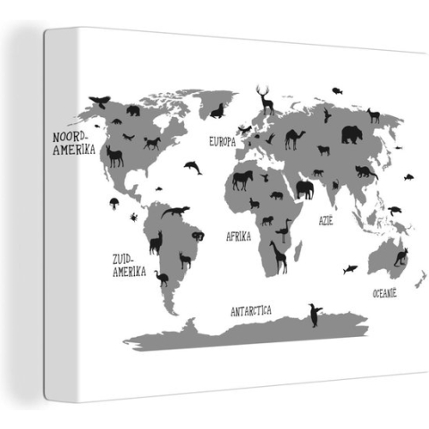Canvas Wereldkaart - 120x90 - Wanddecoratie Wereldkaart kinderkamer dieren - zwart wit