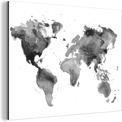 Wanddecoratie Metaal - Aluminium Schilderij Industrieel - Wereldkaart - Aquarel - Zwart - 160x120 cm - Dibond - Foto op aluminium - Industriële muurdecoratie - Voor de woonkamer/slaapkamer