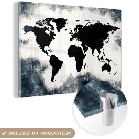 MuchoWow® Glasschilderij - Wereldkaart - Hout - Zwart - 180x120 cm - Acrylglas Schilderijen - Foto op Glas