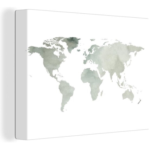 Wanddecoratie Wereldkaart - Groen - Wit - Canvas - 120x90 cm
