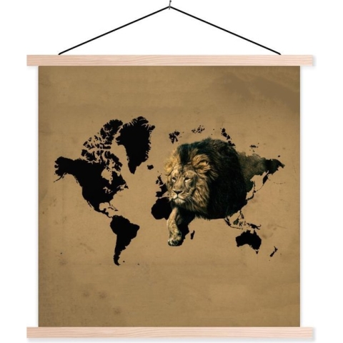 Posterhanger incl. Poster - Schoolplaat - Wereldkaart - Leeuw - Bruin - 120x120 cm - Blanke latten