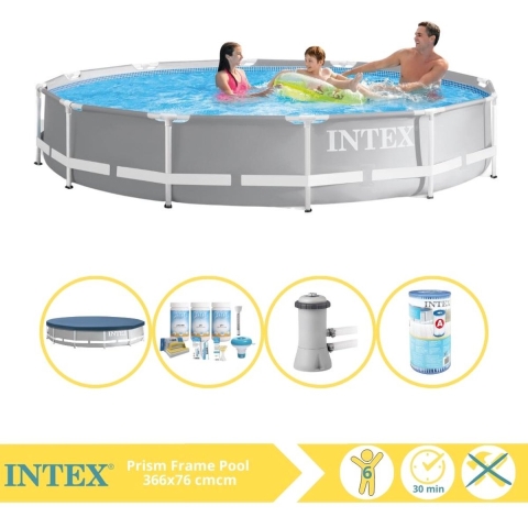 Intex Prism Frame Zwembad - Opzetzwembad - 366x76 cm - Inclusief Afdekzeil, Onderhoudspakket, Zwembadpomp en Filter