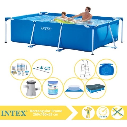 Intex Rectangular Frame Zwembad - Opzetzwembad - 260x160x65 cm - Inclusief Afdekzeil, Onderhoudspakket, Zwembadpomp, Filter, Grondzeil, Onderhoudsset, Trap en Voetenbad