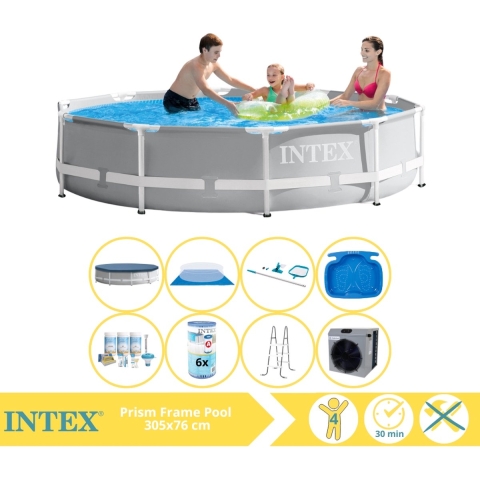 Intex Prism Frame Zwembad - Opzetzwembad - 305x76 cm - Inclusief Afdekzeil, Onderhoudspakket, Filter, Grondzeil, Onderhoudsset, Trap, Voetenbad en Warmtepomp CP