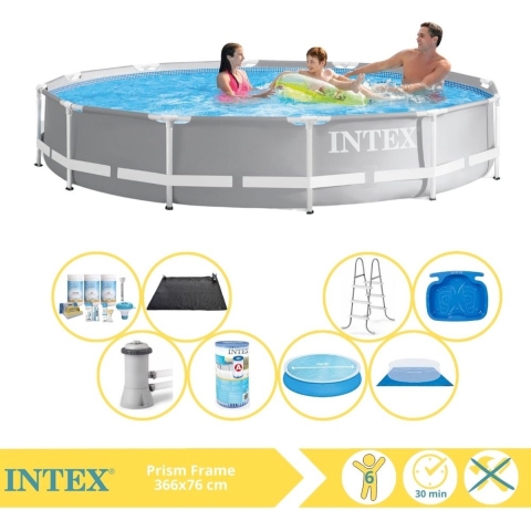 Intex Prism Frame Zwembad - Opzetzwembad - 366x76 cm - Inclusief Solarzeil, Onderhoudspakket, Zwembadpomp, Filter, Grondzeil, Solar Mat, Trap en Voetenbad