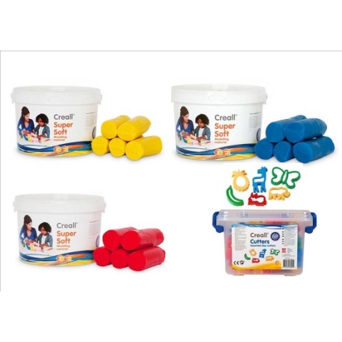 Creall Klei Soft 3 emmers 1750 gr. geel, rood, blauw + kleivormen 28 stuks in box