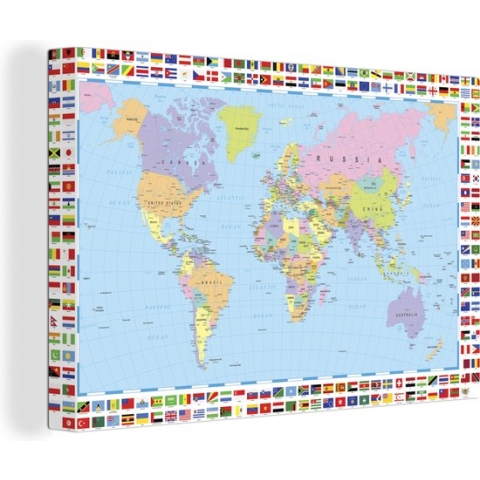 Canvas Wereldkaart - 150x100 - Wanddecoratie Wereldkaart - Vlag - Atlas