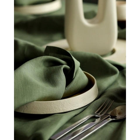 VANLINNEN - Linen Olive green tablecloth - natural 100% linen - 150cm x 240cm - Groen tafelkleed