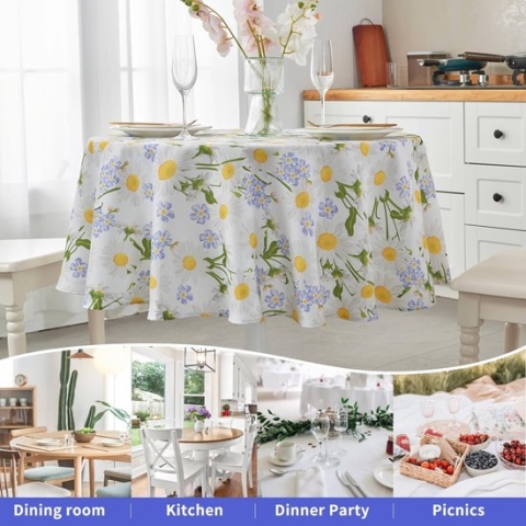 Tafelkleed rond, 120 cm, afwasbaar, waterafstotend, stofdicht, met witte madeliefjes, voor keuken, eetkamer, eettafel, salontafel, tuintafel