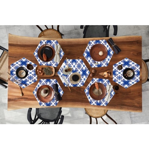Placemats hexagon - Onderleggers placemats - Placemat zeshoek - Tegel - Bloem - Blauw - Patroon - 10 stuks