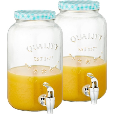 Set van 2x stuks glazen drankdispensers/limonadetap met blauw/wit geblokte dop 3,5 liter - Tapkraantje