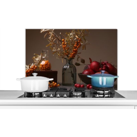 Spatscherm Keuken - Kookplaat Achterwand - Spatwand Fornuis - 90x60 cm - Fruit - Vaas - Stilleven - Aluminium - Wanddecoratie - Muurbeschermer - Hittebestendig