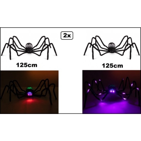2x Super Spin zwart met licht 125cm excl. batterijen - 1x Licht in ogen + 1x Licht in ogen en poten - Horror Halloween creepy spinnen fun griezel