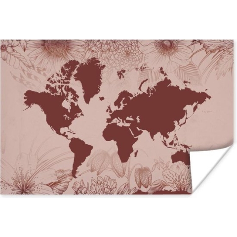 Poster Wereldkaart - Bloemen - Rood - 180x120 cm XXL