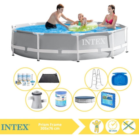 Intex Prism Frame Zwembad - Opzetzwembad - 305x76 cm - Inclusief Afdekzeil, Onderhoudspakket, Zwembadpomp, Filter, Solar Mat, Trap, Voetenbad en Zwembadtegels