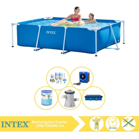 Intex Rectangular Frame Zwembad - Opzetzwembad - 220x150x60 cm - Inclusief Afdekzeil, Onderhoudspakket, Zwembadpomp, Filter en Warmtepomp HS